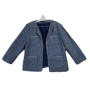 Talbots Women 12 Tweed Open Front Fringe Trim Boucle Jacket Navy Blue Classic